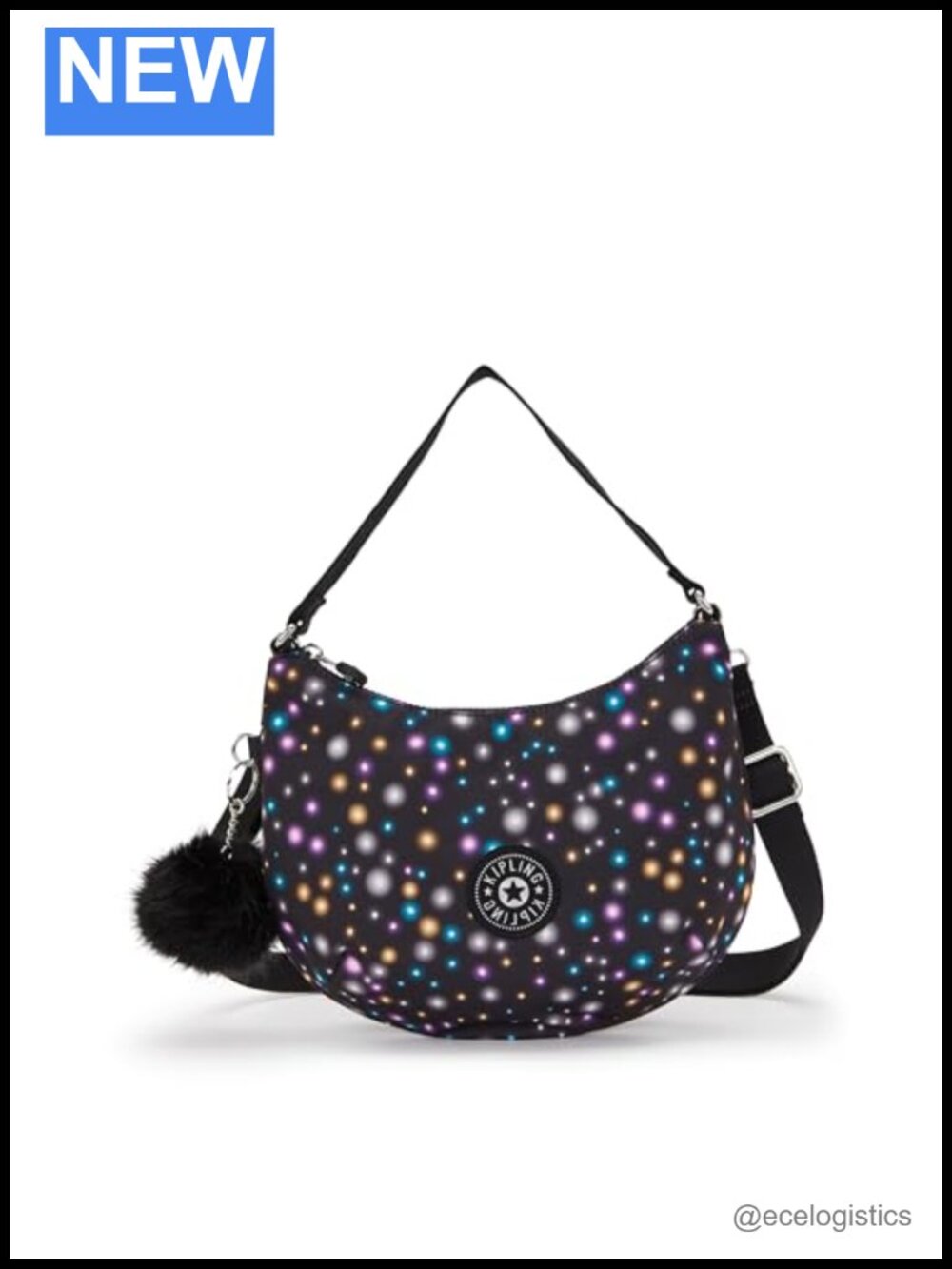 Nylon Shoulder Bag with Polka Dot Pattern, Zip Closure, 2 Compartments